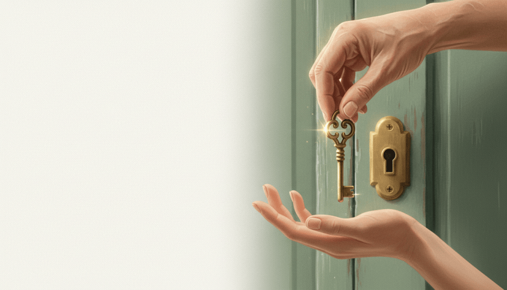 An older hand passing a brass key to a younger hand in front of a sage-green door with an antique lock
