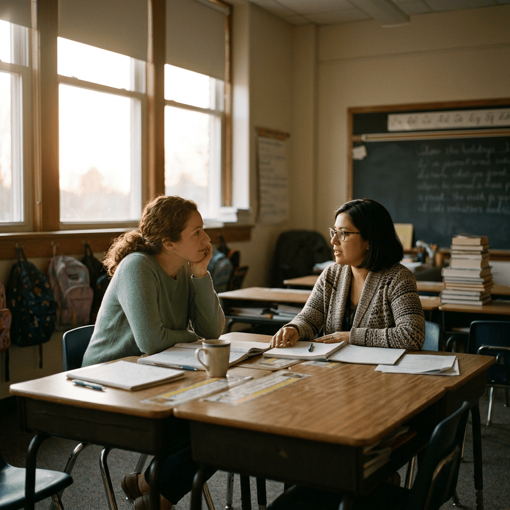 Two teachers share a quiet after-school conversation