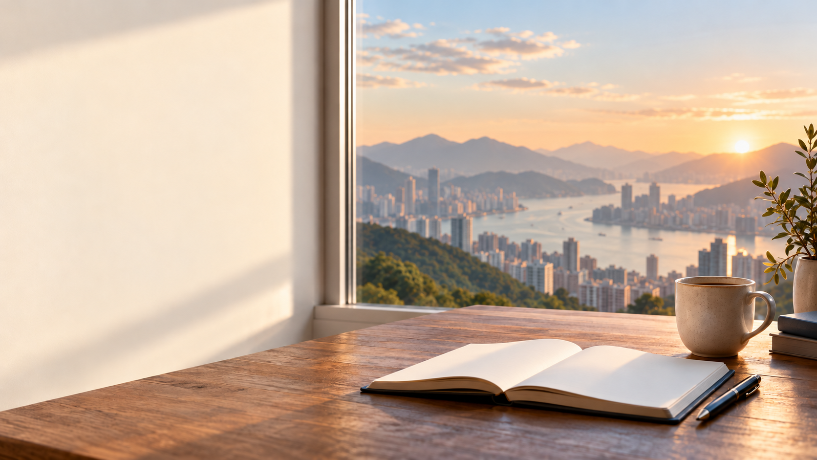 A quiet desk with an open notebook and coffee, looking out of a window over a misty green harbour city in the morning